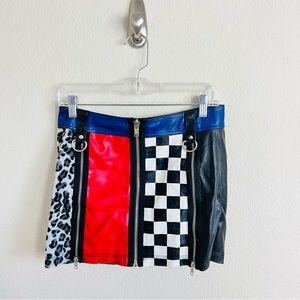 Current Mood Leather Oppositez Attract Checkered Multi-Pattern Zip Mini Skirt